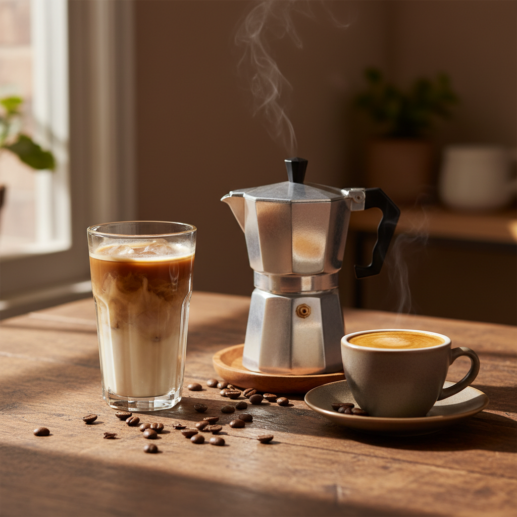 Iced latte, moka pot and espresso on a warm wooden table