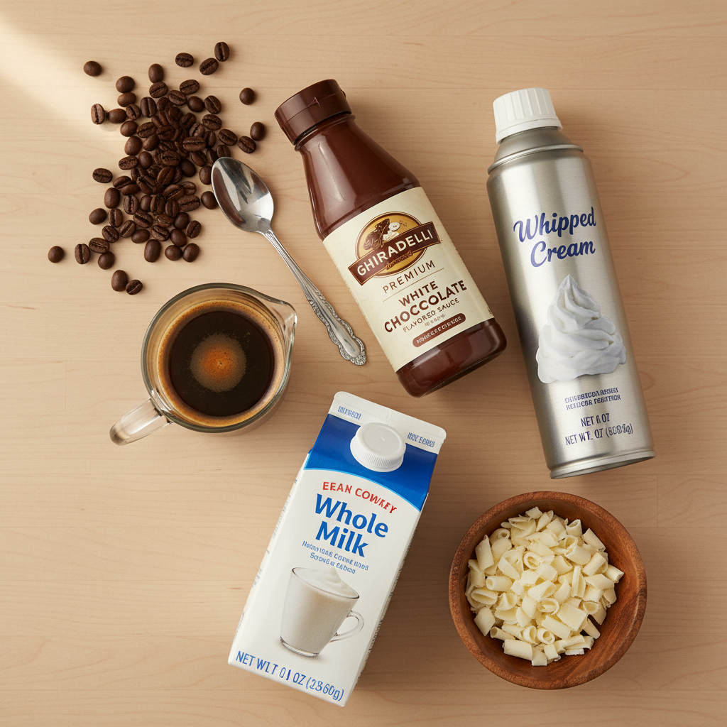 Ingredients for White Chocolate Mocha Recipe (Starbucks Copycat at Home)